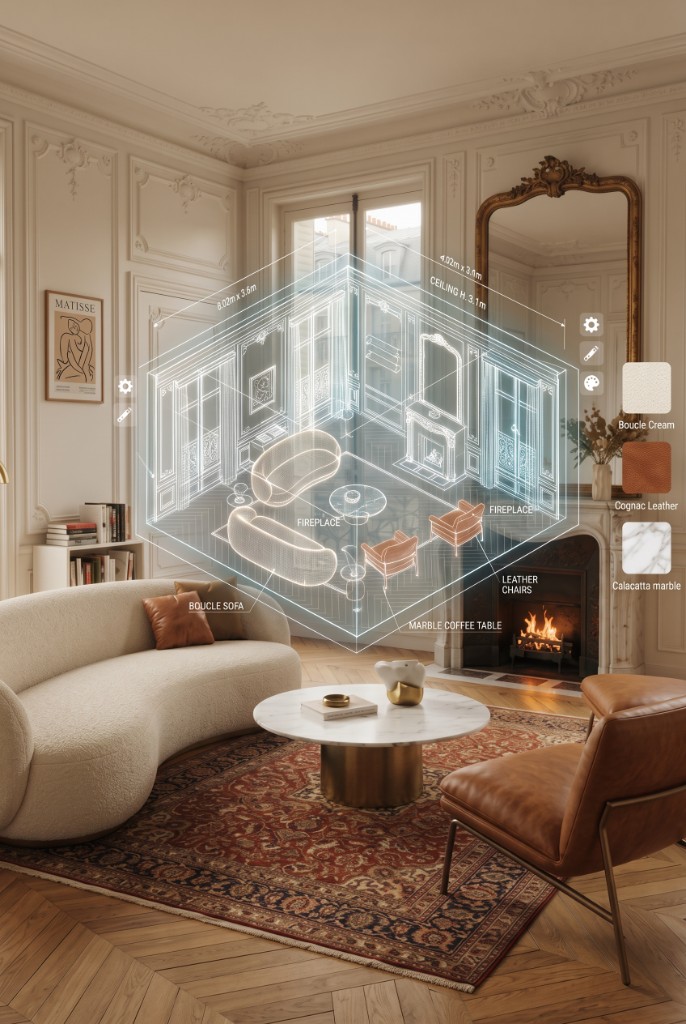 Augmented reality room consultation overlay in a classic living room