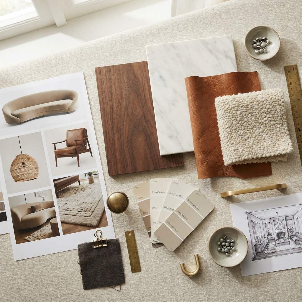 Interior designer mood board with material samples