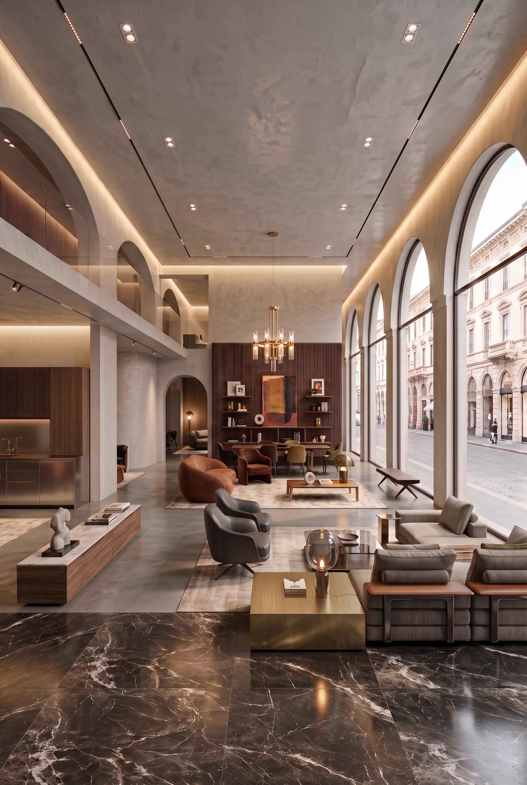 Double-height Milan furniture showroom with arched windows overlooking the city